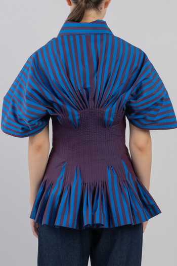 Shop_LEH STUDIOS_Blue Cotton Collared Neck Zora Stripe Print Top _Online_at_Aza_Fashions