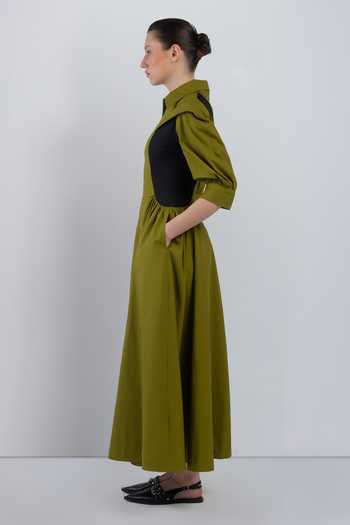 LEH STUDIOS_Green Cotton Collared Neck Sue Structured Dress _Online_at_Aza_Fashions