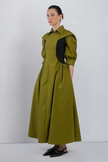 Buy_LEH STUDIOS_Green Cotton Collared Neck Sue Structured Dress _Online_at_Aza_Fashions