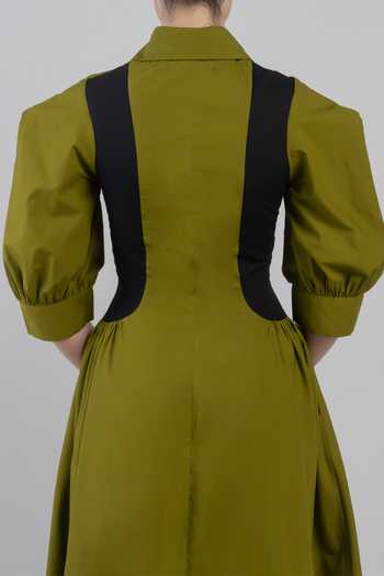 Shop_LEH STUDIOS_Green Cotton Collared Neck Sue Structured Dress _Online_at_Aza_Fashions