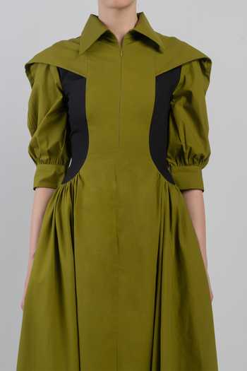 LEH STUDIOS_Green Cotton Collared Neck Sue Structured Dress _at_Aza_Fashions