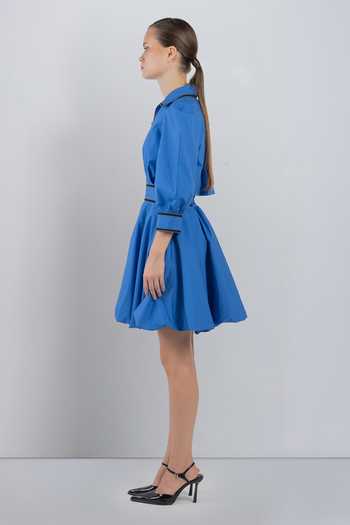 LEH STUDIOS_Blue Cotton Collared Neck Annas Bubble Hem Dress _Online_at_Aza_Fashions