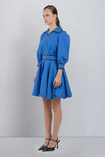 Buy_LEH STUDIOS_Blue Cotton Collared Neck Annas Bubble Hem Dress _Online_at_Aza_Fashions