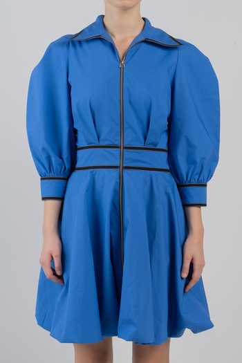 Shop_LEH STUDIOS_Blue Cotton Collared Neck Annas Bubble Hem Dress _Online_at_Aza_Fashions