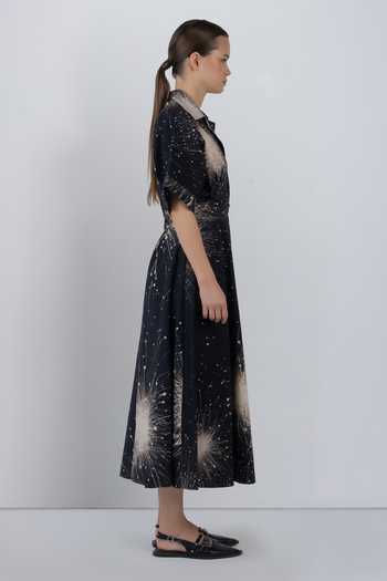 LEH STUDIOS_Black Cotton Collared , Button-down Sun Splatter Print Dress _at_Aza_Fashions