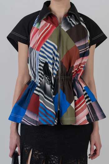 Buy LEH STUDIOS Multi Color Cotton Collared Neck Patchwork Parka Top Buy_LEH STUDIOS_Multi Color Cotton Collared Neck Patchwork Parka Top