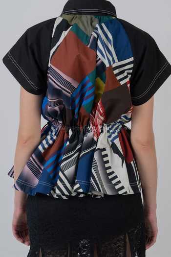 Shop LEH STUDIOS Multi Color Cotton Collared Neck Patchwork Parka Top Shop_LEH STUDIOS_Multi Color Cotton Collared Neck Patchwork Parka Top