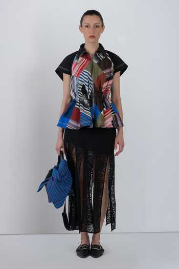 LEH STUDIOS_Black Viscose, Polyester Scalpere Paneled Skirt _at_Aza_Fashions