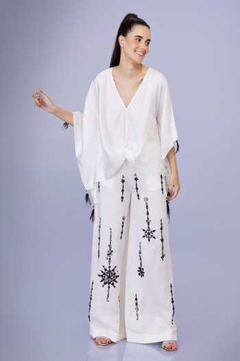 Dilnaz_Ivory Linen Bead Placement Embroidered Trouser _Online_at_Aza_Fashions