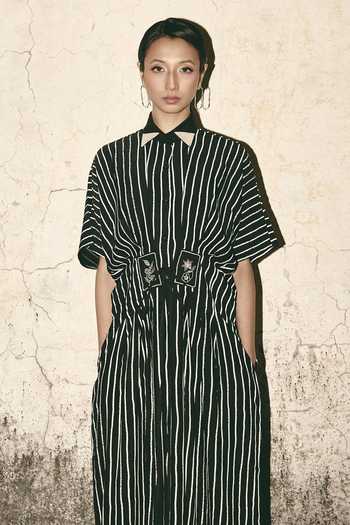 Atbw_Black Silk Satin Collared Neck Stripe Print Dress _Online_at_Aza_Fashions