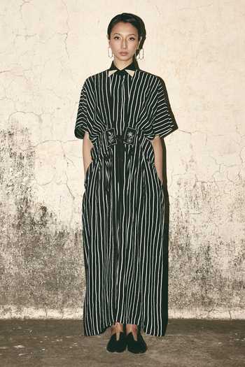 Shop_Atbw_Black Silk Satin Collared Neck Stripe Print Dress _Online_at_Aza_Fashions