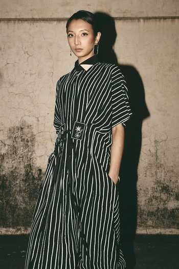 Shop_Atbw_Black Silk Satin Collared Neck Stripe Print Dress 