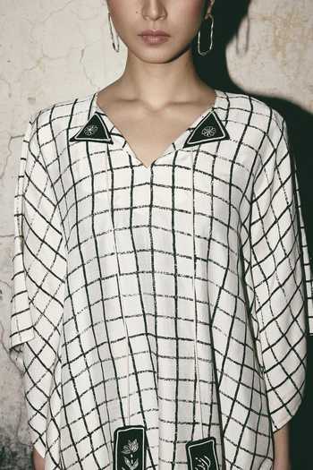 Shop_Atbw_White Silk Satin V-neck Grid Notebook Print Kaftan Dress _Online_at_Aza_Fashions
