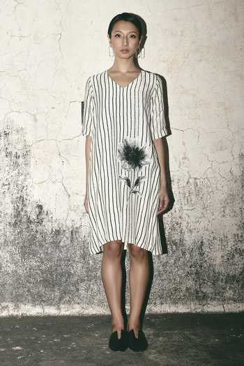 Shop_Atbw_White Silk Satin V-neck Stripe Bloom Print Dress _Online_at_Aza_Fashions