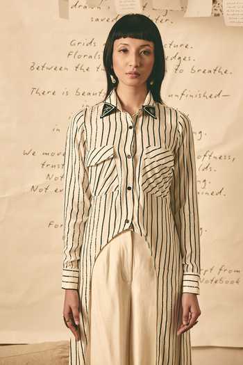 Atbw_White Silk Satin Button-down Neck Stripe Print Long Asymmetric Shirt _Online_at_Aza_Fashions