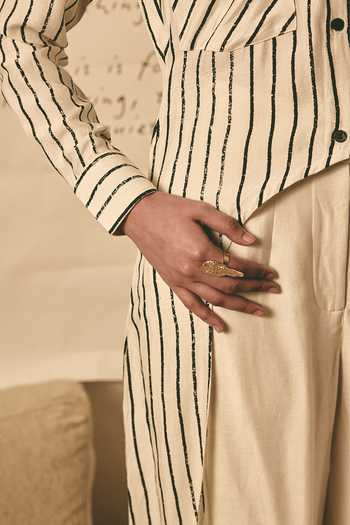 Atbw_White Silk Satin Button-down Neck Stripe Print Long Asymmetric Shirt _at_Aza_Fashions