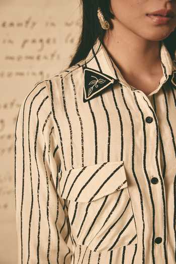 Shop_Atbw_White Silk Satin Button-down Neck Stripe Print Long Asymmetric Shirt 