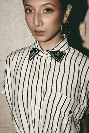 Atbw_White Silk Satin Mandarin Collar Striped Tie Up Shirt _at_Aza_Fashions