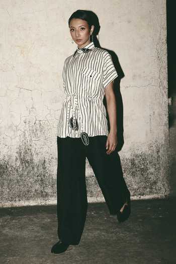 Shop_Atbw_White Silk Satin Mandarin Collar Striped Tie Up Shirt 