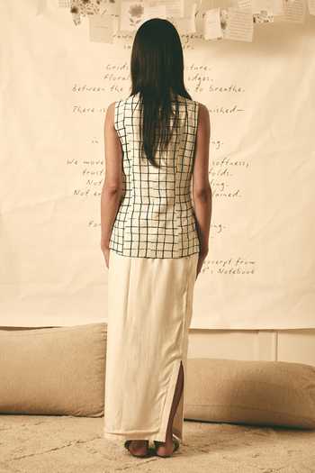 Atbw_Black Silk Satin V-neck Reversible Grid Print Waistcoat _Online_at_Aza_Fashions