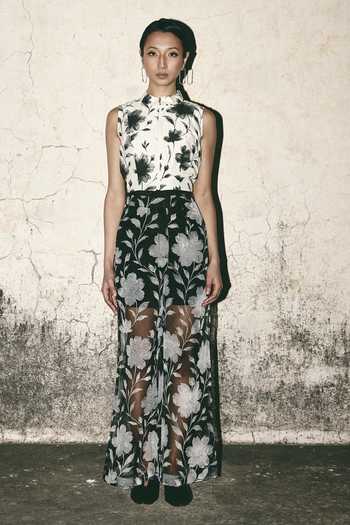 Atbw_Black Silk Organza Floral Semi Sheer Pant _Online_at_Aza_Fashions