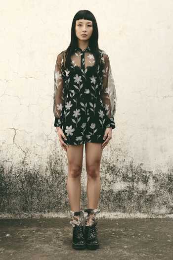 Atbw_Black Silk Organza Floral Motif Shorts _at_Aza_Fashions
