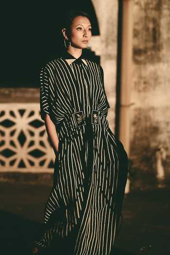 Atbw_Black Silk Satin Button-down Neck Stripe Print Long Shirt _Online_at_Aza_Fashions