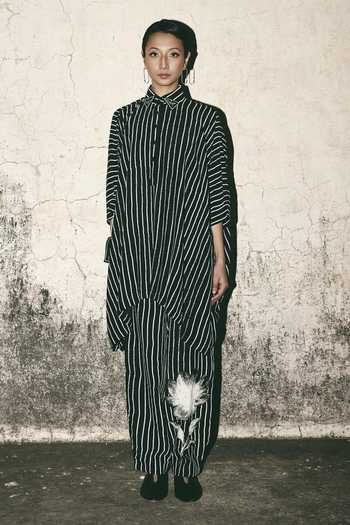 Shop_Atbw_Black Silk Satin Button-down Neck Stripe Print Long Shirt _Online_at_Aza_Fashions