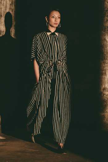 Atbw_Black Silk Satin Button-down Neck Stripe Print Long Shirt _at_Aza_Fashions