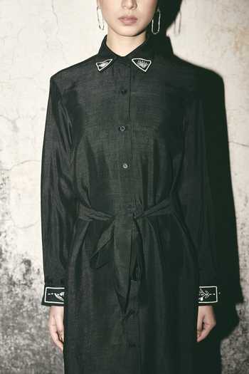 Atbw_Black Silk Satin Collared , Button-down Canvas Shirt Dress _Online_at_Aza_Fashions