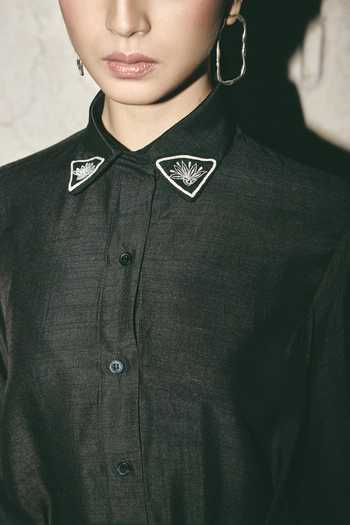 Shop_Atbw_Black Silk Satin Collared , Button-down Canvas Shirt Dress _Online_at_Aza_Fashions