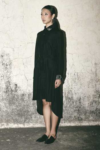 Buy_Atbw_Black Silk Satin Collared , Button-down Canvas Shirt Dress 