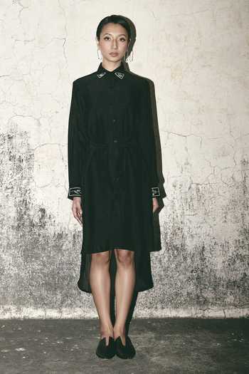 Shop_Atbw_Black Silk Satin Collared , Button-down Canvas Shirt Dress 