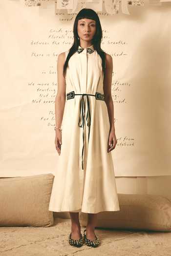 Shop Atbw White Silk Satin Collared Neck Embroidered Tab Dress Online at Aza Fashions Shop_Atbw_White Silk Satin Collared Neck Embroidered Tab Dress _Online_at_Aza_Fashions