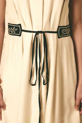 Shop Atbw White Silk Satin Collared Neck Embroidered Tab Dress Shop_Atbw_White Silk Satin Collared Neck Embroidered Tab Dress