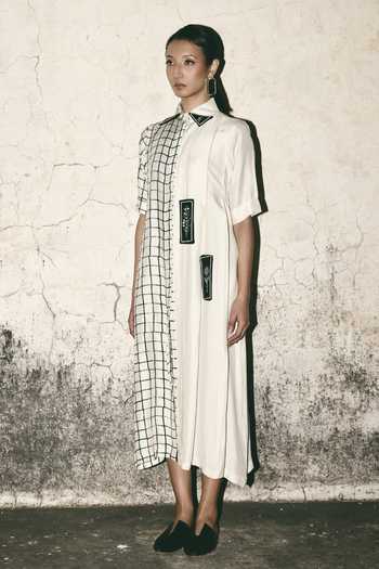 Atbw White Silk Satin Button-down Neck Grid Print Pleat Shirt Dress Online at Aza Fashions Atbw_White Silk Satin Button-down Neck Grid Print Pleat Shirt Dress _Online_at_Aza_Fashions