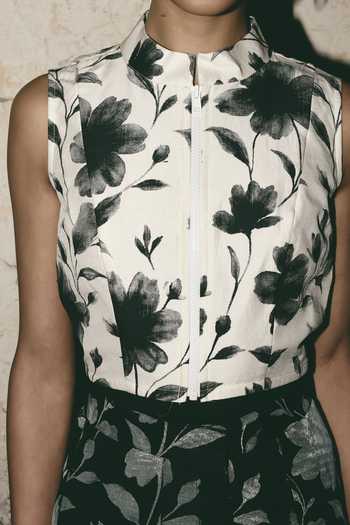 Atbw_White Silk Satin Mandarin Collar Hand Drawn Floral Print Crop Top _at_Aza_Fashions