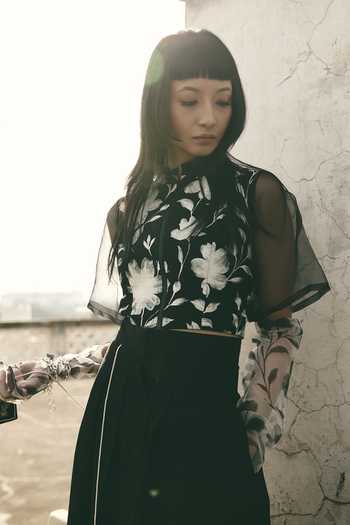 Atbw_Black Silk Satin Mandarin Collar Floral Motif Top _Online_at_Aza_Fashions