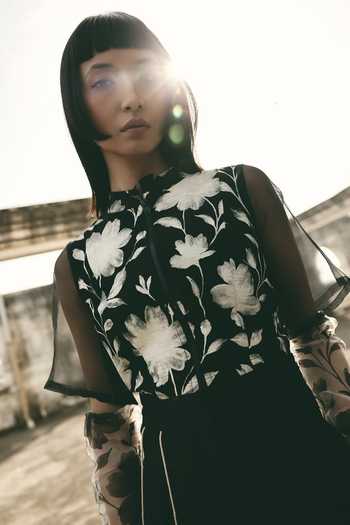 Buy_Atbw_Black Silk Satin Mandarin Collar Floral Motif Top _Online_at_Aza_Fashions