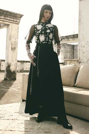 Shop_Atbw_Black Silk Satin Mandarin Collar Floral Motif Top _Online_at_Aza_Fashions