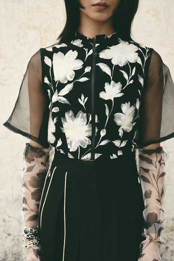 Atbw_Black Silk Satin Mandarin Collar Floral Motif Top _at_Aza_Fashions