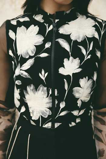 Shop_Atbw_Black Silk Satin Mandarin Collar Floral Motif Top 