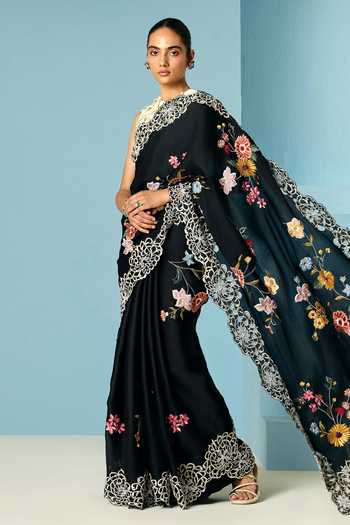 Buy Chandrima Black Silk, Organza, Floral Embroidered Saree With Unstitched Blouse Piece Online at Aza Fashions Buy_Chandrima_Black Silk, Organza, Floral Embroidered Saree With Unstitched Blouse Piece _Online_at_Aza_Fashions
