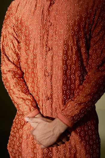 Kaaj Button X AZA_Brown Chanderi Silk, Satin Embroidery Rust Thread Kurta And Pant Set For Kids_Online_at_Aza_Fashions
