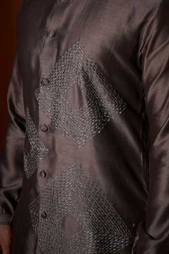 Kaaj Button X AZA Gray Silk, Satin, Embroidery Mosaic Grey Kurta Set For Kids Online at Aza Fashions Kaaj Button X AZA_Gray Silk, Satin, Embroidery Mosaic Grey Kurta Set For Kids_Online_at_Aza_Fashions