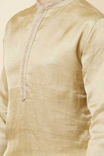 SPRING BREAK_Gold Linen, Satin Embroidery Placket Kurta For Kids_Online_at_Aza_Fashions