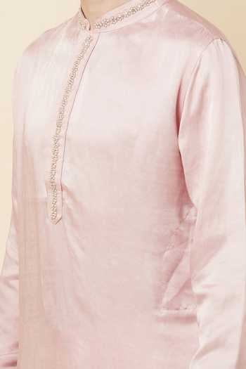 SPRING BREAK_Pink Linen, Satin Beads Embroidered Placket Kurta For Kids_Online_at_Aza_Fashions