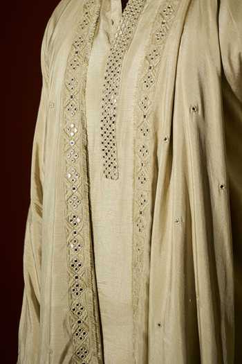Kaaj Button X AZA_Green Chanderi Silk, Satin, Cotton Embroidery Kurta Set For Kids_Online_at_Aza_Fashions