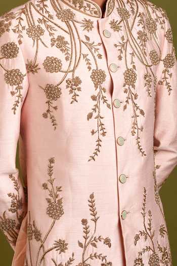 Chatenya Mittal_Peach Silk Embroidery Floral Garden Sherwani Set For Kids_Online_at_Aza_Fashions