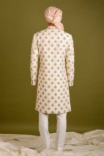 Chatenya Mittal Floral Embroidered Beige Sherwani Set For Kids